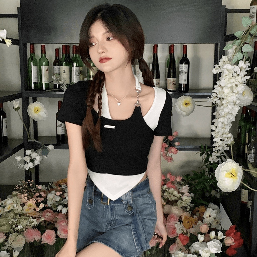 Áo Croptop Nữ Phối Màu Gắn Dây Vải Cotton Co Giãn Tốt Phong Cách Trẻ Trung Năng Động NEW UNISEX