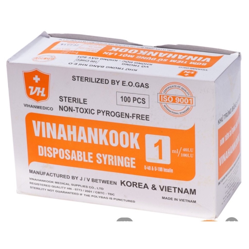 HỘP 100 cây BƠM KIM TIÊM TIỂU ĐƯỜNG INSULIN 1CC 1ML 100iu  VINAHANKOOK