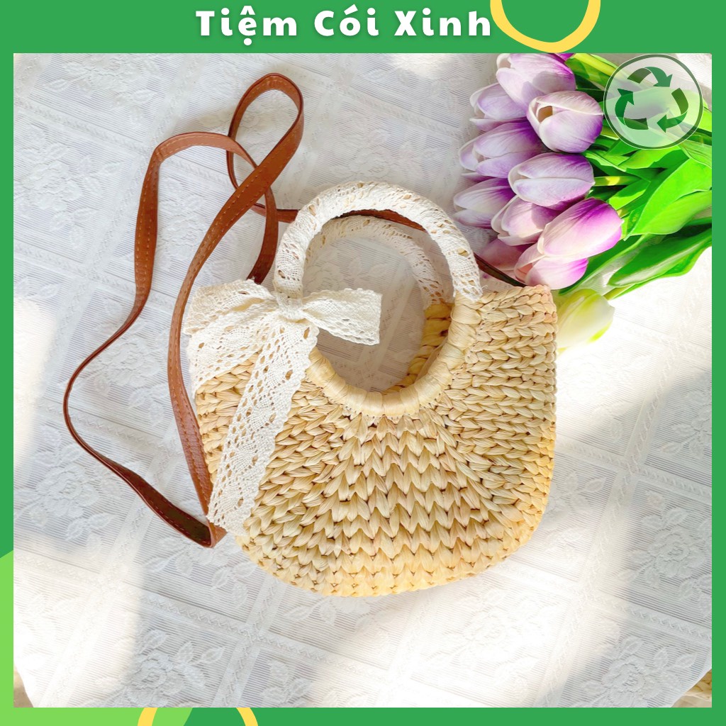 Túi xách cói mini quấn quai nơ ren làm đạo cụ chụp ảnh dễ thương cho mẹ và bé