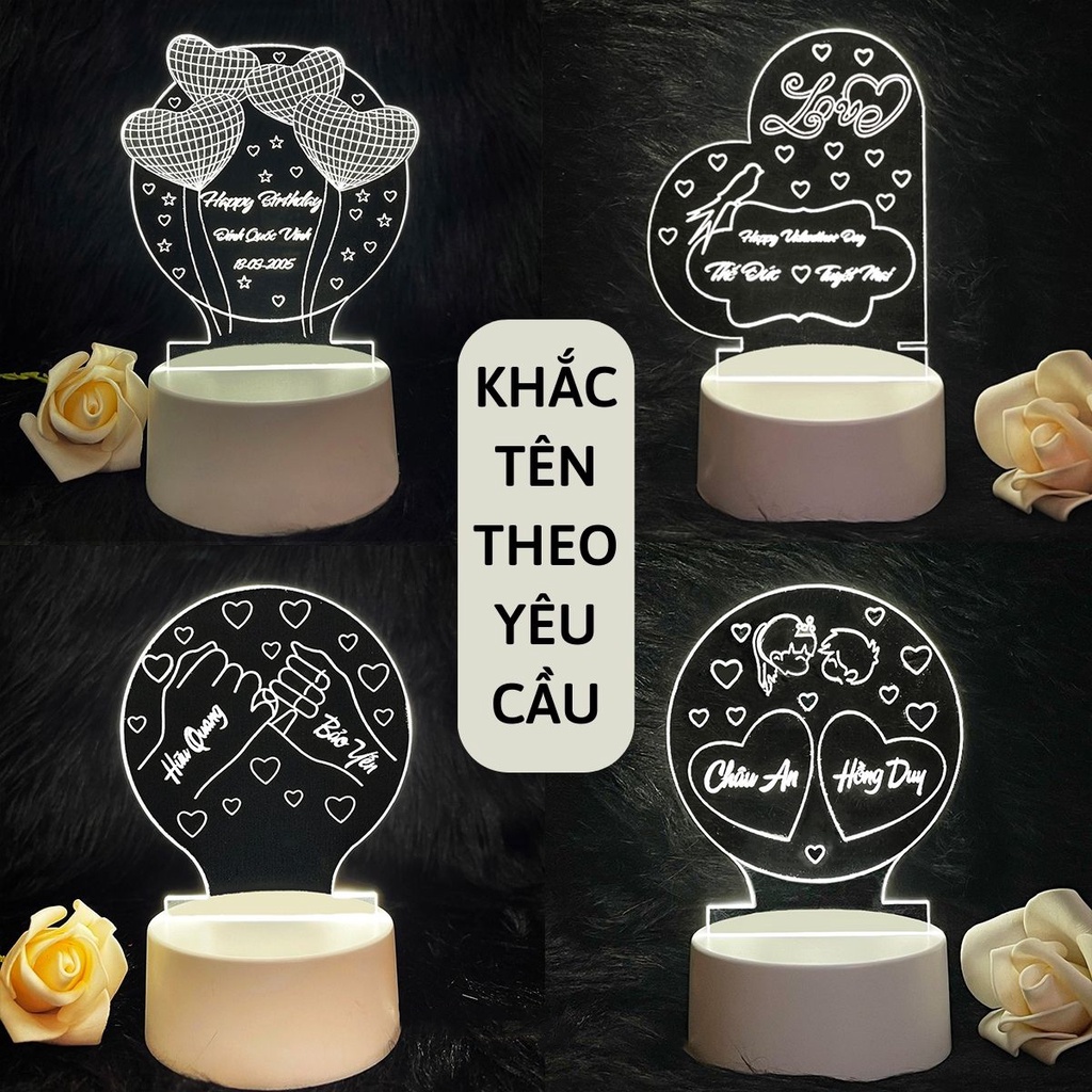 Đèn ngủ led 3D khắc tên theo yêu cầu Decor trang trí phòng ngủ Quà tặng sinh nhật valentine Nhiều mẫu Ledlin