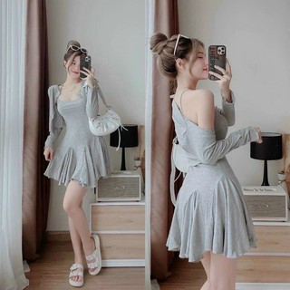 [New Sales 2024] Set đầm 2 dây cup ngực vải thun gân kèm áo khoác có 2 màu đen xám dễ mặc