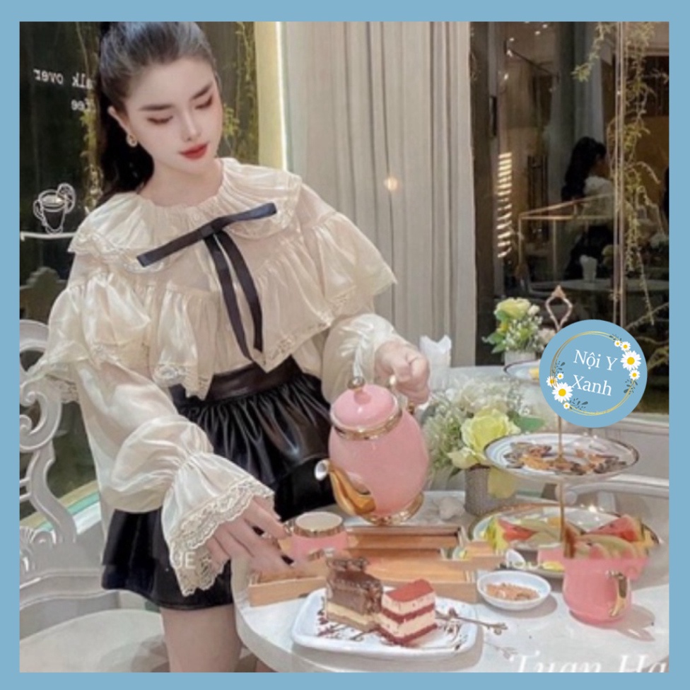 Áo sơ mi tơ 2 lớp phối nơ nội y xanh - chất mát - Áo kiểu mặc dạo phố, đi biển - Nữ Tay Phồng Buộc Dây tiểu thư