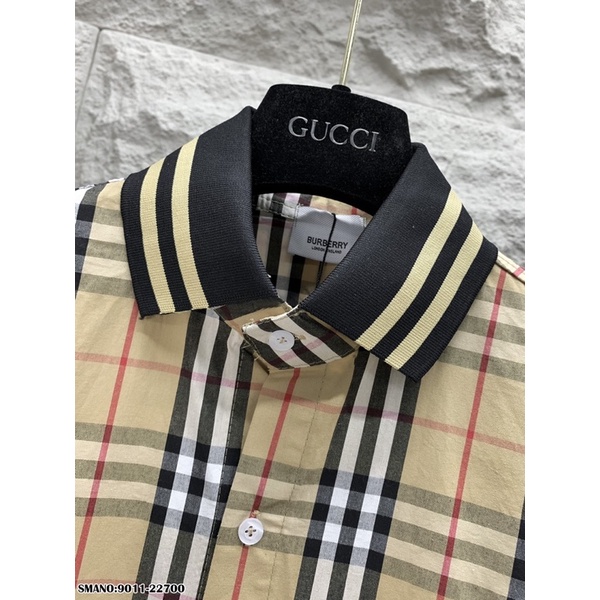 Áo sơ mi kiểu BBR nam nữ dài tay hoạ tiết kẻ sọc màu be phối check cổ và ống tay bo chun dệt sọc đen vàng