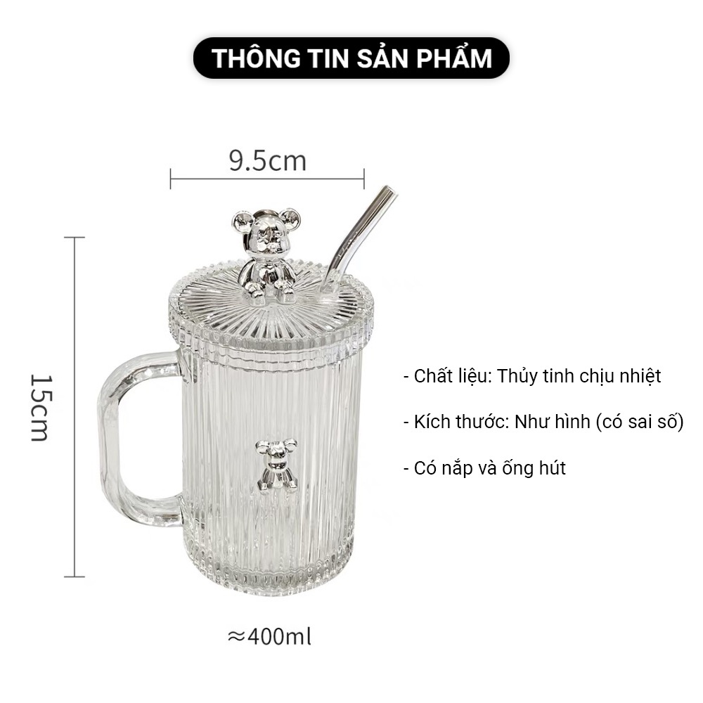 Cốc thủy tinh chịu nhiệt cho gia đình, cốc cà phê có nắp hình gấu và ống hút phong cách Bắc Âu
