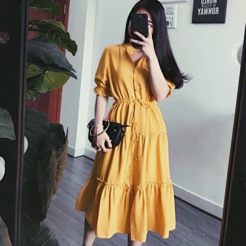 Đầm vàng nghệ tầng nút bọc (kèm hình thật)