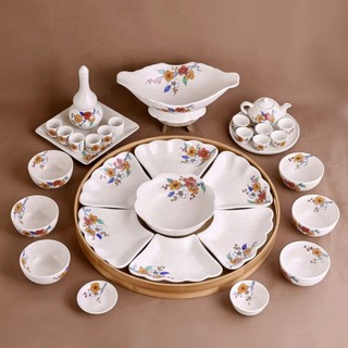 Bộ bát đĩa hoa mặt trời men tấm, cành lộc. Sứ Bát Tràng