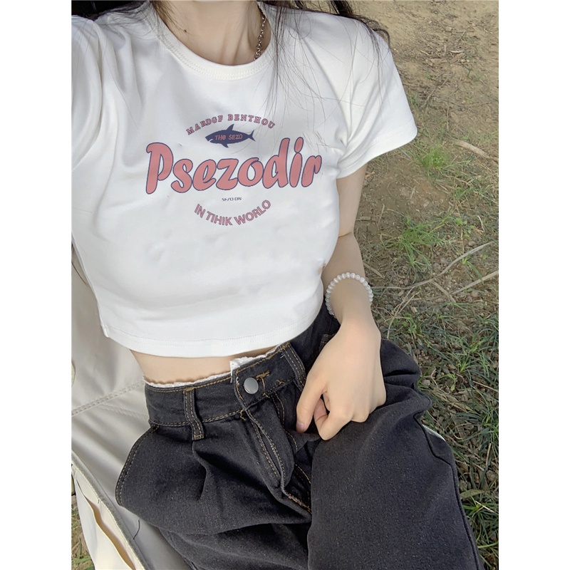 Cocory vn Áo Thun Lửng Ngắn Tay In Chữ Gợi Cảm Thời Trang Cho Nữ