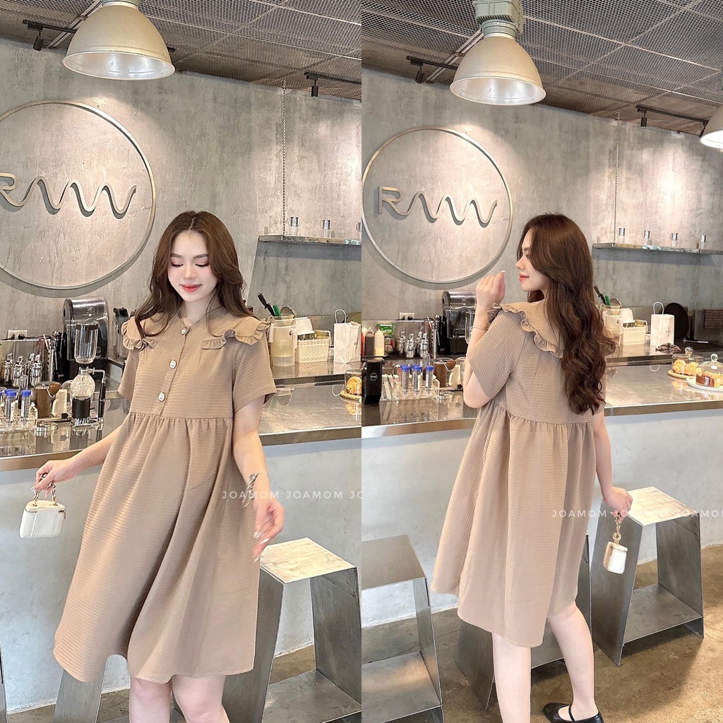 Váy đầm bầu baby doll xốp phồng cổ bèo cao cấp Joamom V279