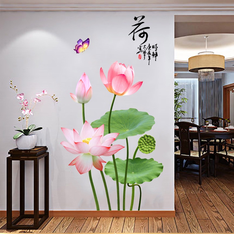 Decal dán tường Hoa sen hồng mới 3D 05