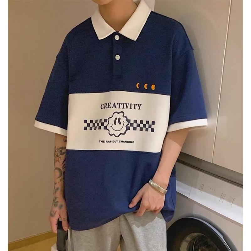 Áo Thun Polo Unisex ICON Dễ Thương Mix Màu Trắng/Xanh Form Rộng - CLITUS