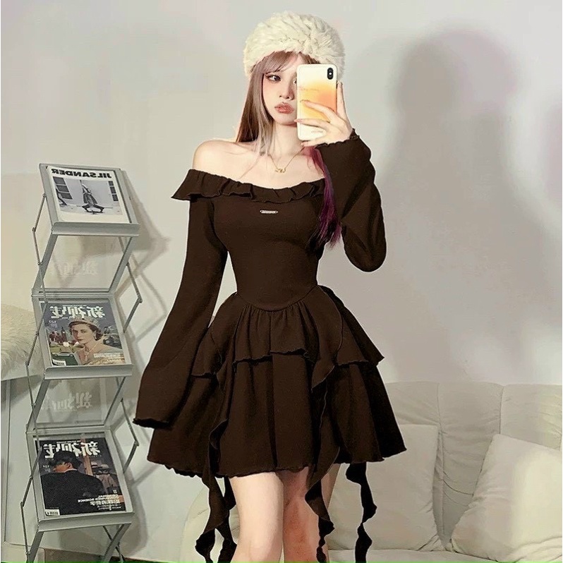 Đầm Body Chữ A Dài Tay Trễ Vai TIBU Tua Rua Bèo Tầng Phong Cách Pháp Thời Trang Cho Nữ Đi Chơi Dự Tiệc