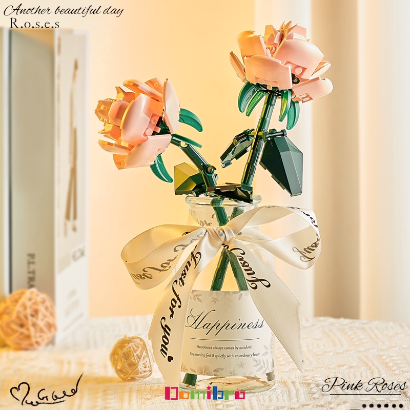 Khối lắp ráp DOMIBRO hình hoa hồng kết hợp bó hoa nhiều màu sắc dùng làm quà tặng lãng mạn cho cô gái DIY