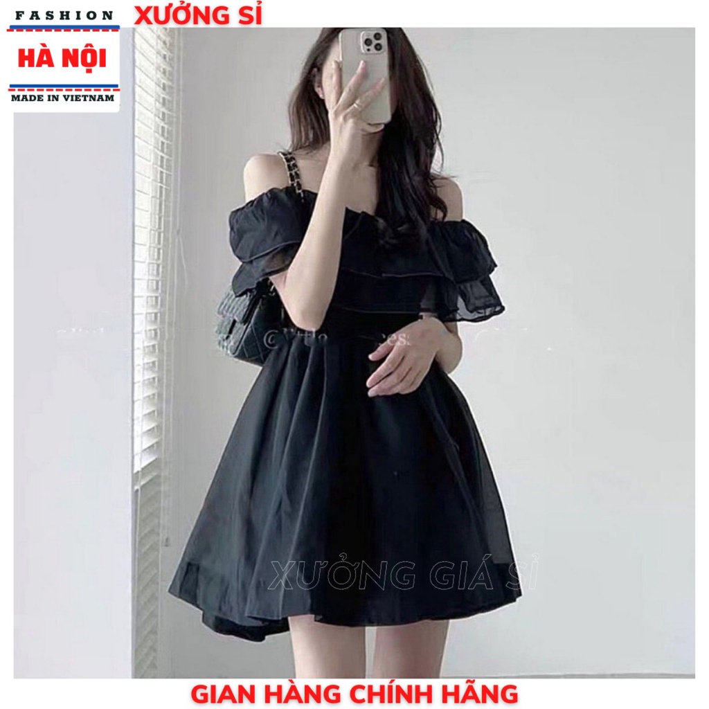 Đầm Tiểu Thư Dáng Xòe Chun Eo Trễ Vai Tầng 2 Lớp Nhẹ Nhàng Nữ Tính