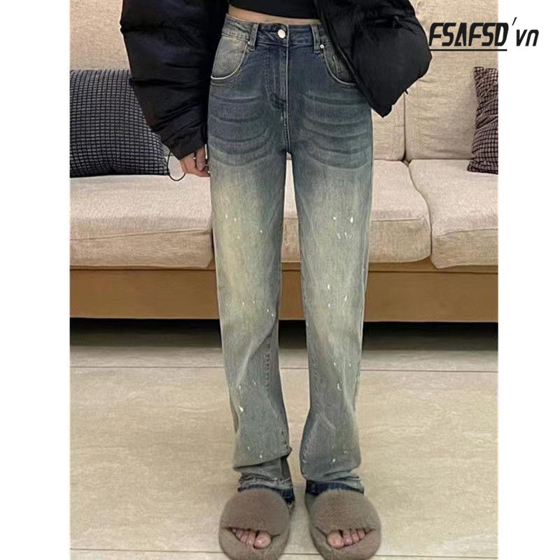 Quần Jean Dài Ống Đứng Dáng Rộng Phong Cách Retro Mỹ Thời Trang Cho Nữ