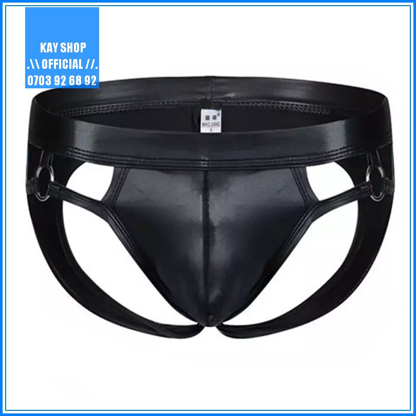 Quần lót jockstrap nam dây giả da sexy khoen ôm mông căng tròn gợi cảm - Quần sịp nam màu đen Freesize trơn bóng