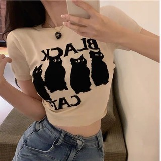 Áo kiểu croptop 4 BÉ MÈO BLACK CAT GB cổ tròn tay ngắn đơn giản năng động cá tính nữ phong cách hàn quốc- Mitshop2222