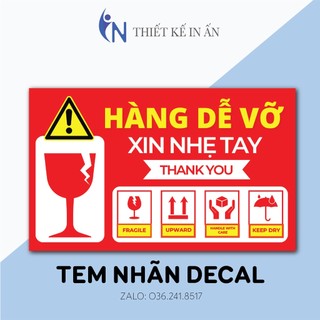 100 Tem nhãn dán hàng dễ vỡ, tem chú ý hàng dễ vỡ, có keo dán mặt sau