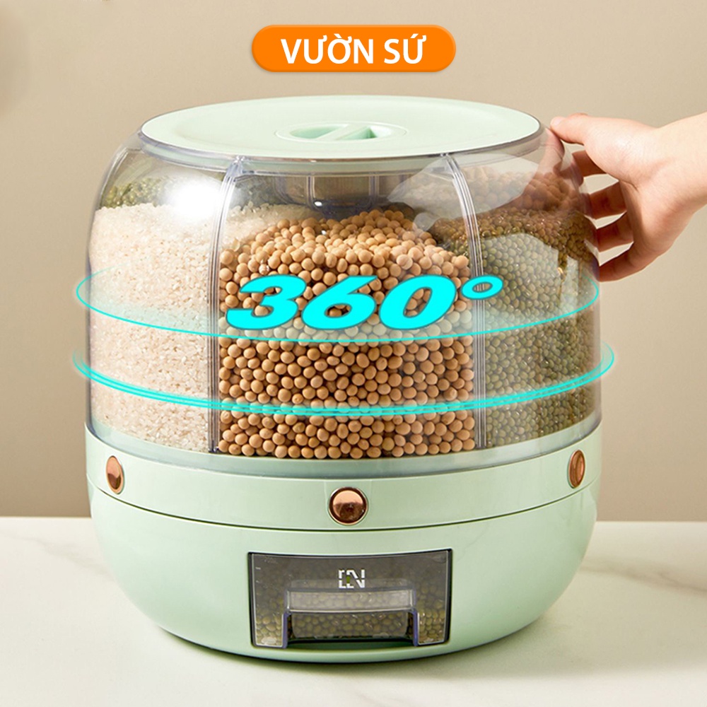 Thùng đựng gạo, ngũ cốc, đồ khô 6 ngăn tiện lợi 10kg xoay 360 độ - VS305