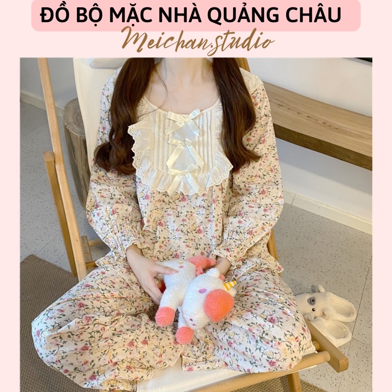 Đồ Ngủ Style Hàn Quốc- Đồ Bộ Nữ Mặc Nhà Tiểu Thư Hoa Nhí Phối Bèo Nơ Ulzzang