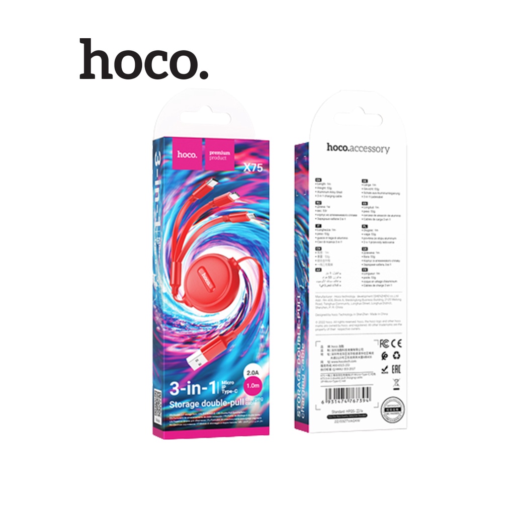 Cáp Sạc dây rút đa năng Hoco X75 3in1 2A (I.p + Micro USB + Type-C) tương thích với dành cho Smartphone/Android/Ip10/11