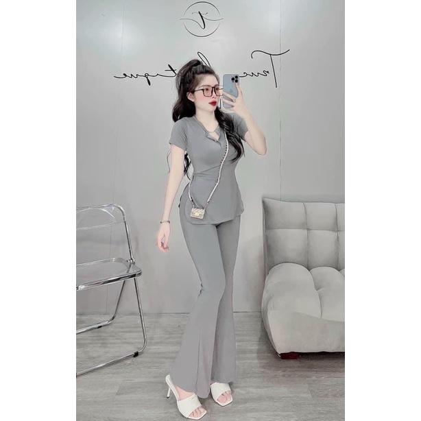 Set bộ áo thun gân ôm body quần ống loe tôn dáng màu trơn