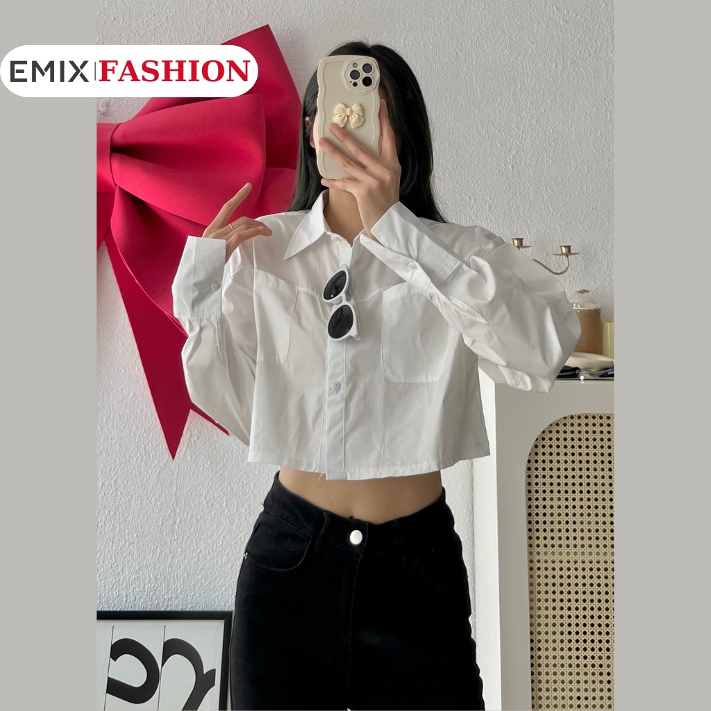 Áo sơ mi nữ dài tay EMIX, croptop, freesize dưới 53kg, chất thô boil SMCRT86127_P0