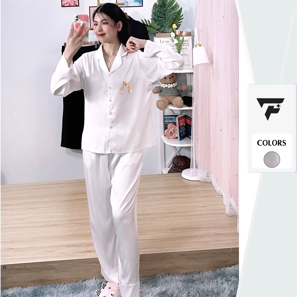 Bộ pijama Tơ Tằm Ánh Kim T4 in hình Gấu cute set đồ mặc nhà tay dài quần dài