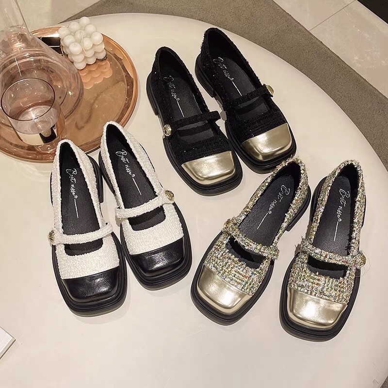 Giày Mary Jane phong cách của Hepburn giày nữ mùa xuân và mùa thu 2023 giày da nhẹ nhàng phối tweed lấp lánh ✨✨✨