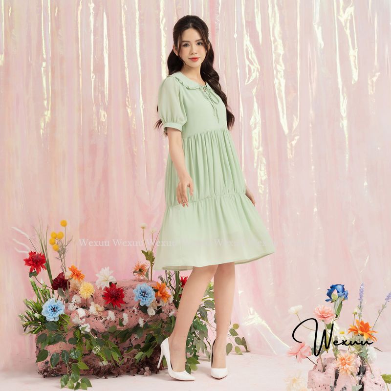 Váy thiết kế cao cấp Wexuu Design dáng babydoll cổ tiểu thư chất tơ lót lụa mềm mại nhẹ nhàng- V18