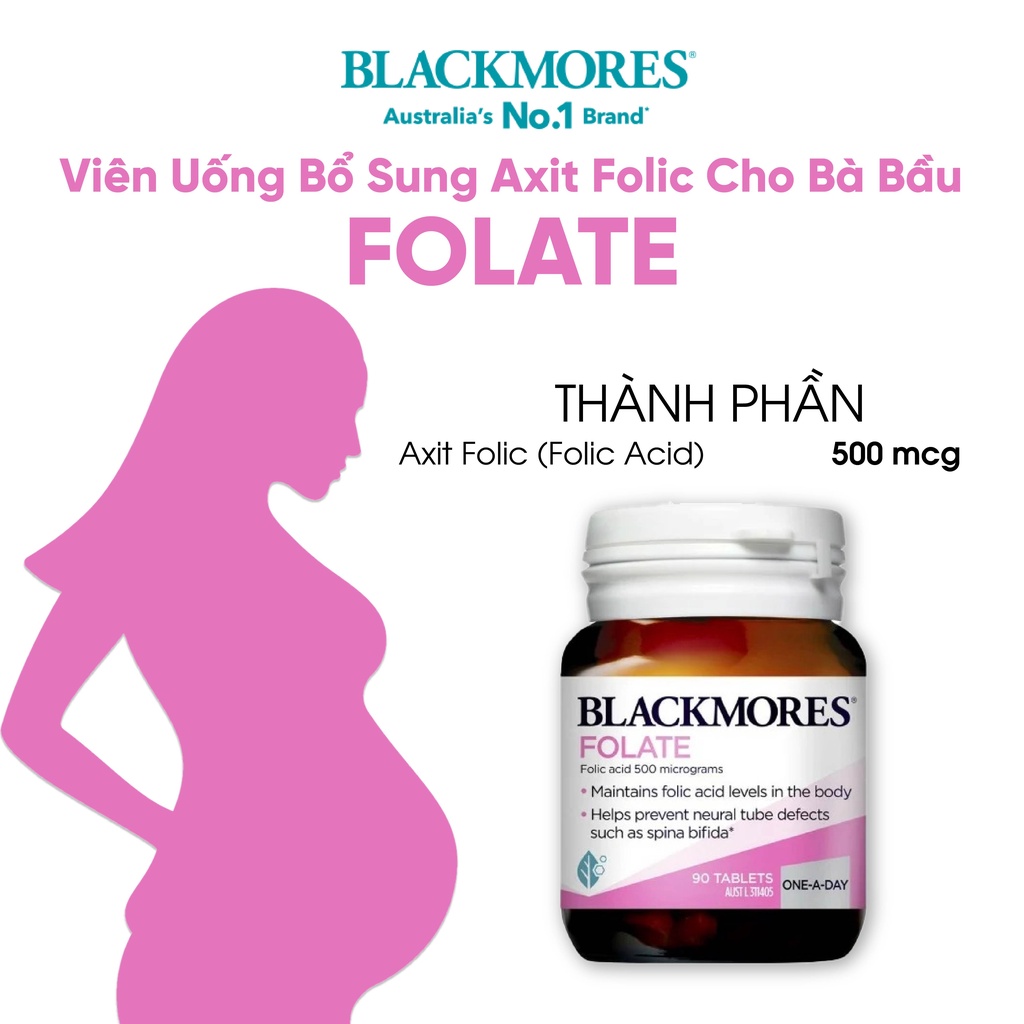 Viên uống dị tật thai nhi Blackmores Folate 500mcg 90 viên của Úc