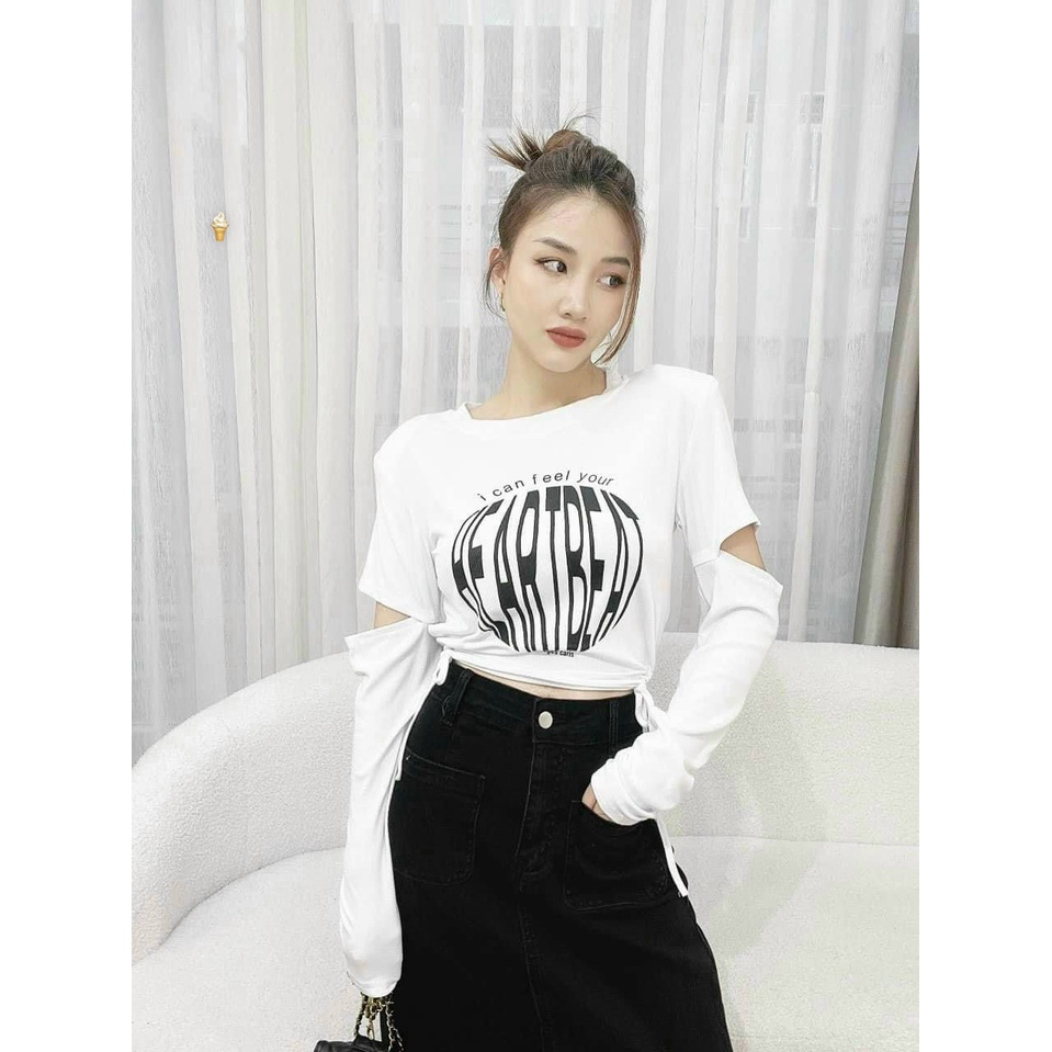 Áo kiểu tay dài cắt tay rút dây 2 bên eo in chữ trong hình tròn cực chất