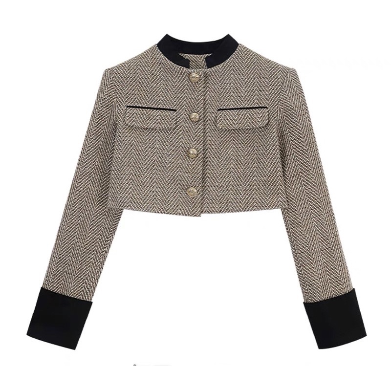 Áo khoác dạ tweed dáng ngắn cho nữ cổ tròn dài tay