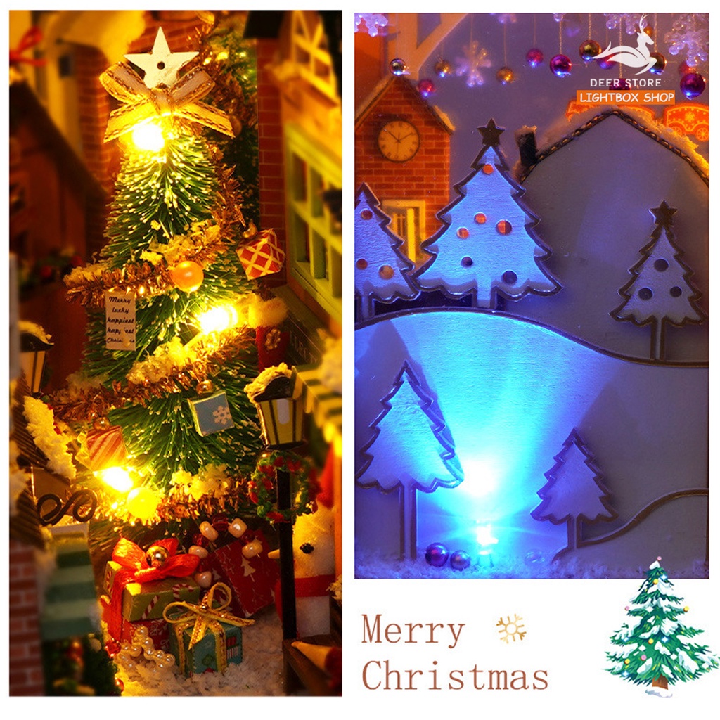 Mô hình Noel BOOK NOOK. Tăng KEO DÁN. Có đèn led. Nhà búp bê gỗ DIY Trang Trí Kệ sách. Quà tặng Noel ý Nghĩa TC38
