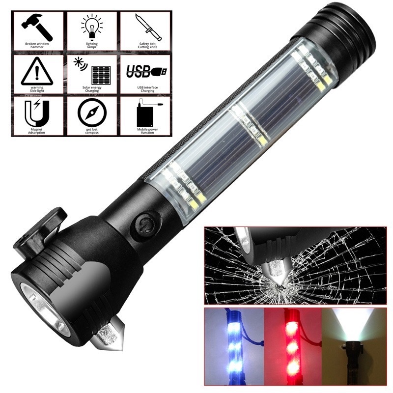 Đèn Pin LED Năng Lượng Mặt Trời Kèm Búa, Còi Báo Động Và Đèn Cảnh Báo An Toàn Cho Trường Hợp Khẩn Cấp