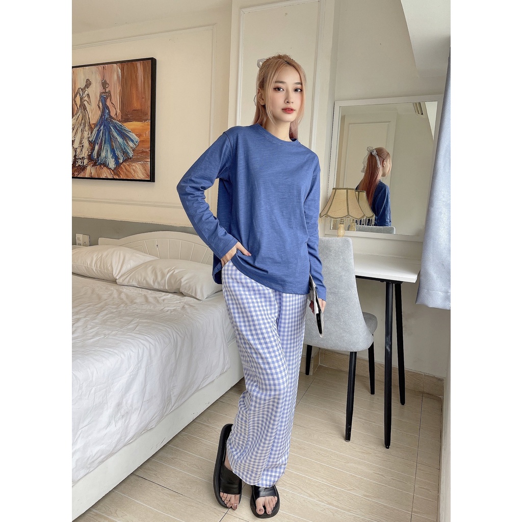 Đồ bộ nữ dài tay, quần caro, set đồ nữ áo thun cotton, quần kate mặc nhà GEMGEM STORE, đi dạo thoải mái, thời trang