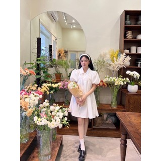 Váy sơ mi gấm xốp babydoll cúc ngọc tay bồng V1402231