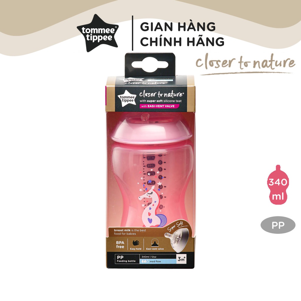 Bình sữa ty siêu mềm tự nhiên Tommee Tippee Closer to Nature PP 340ml, núm ty đi kèm 3-6 tháng - Hồng