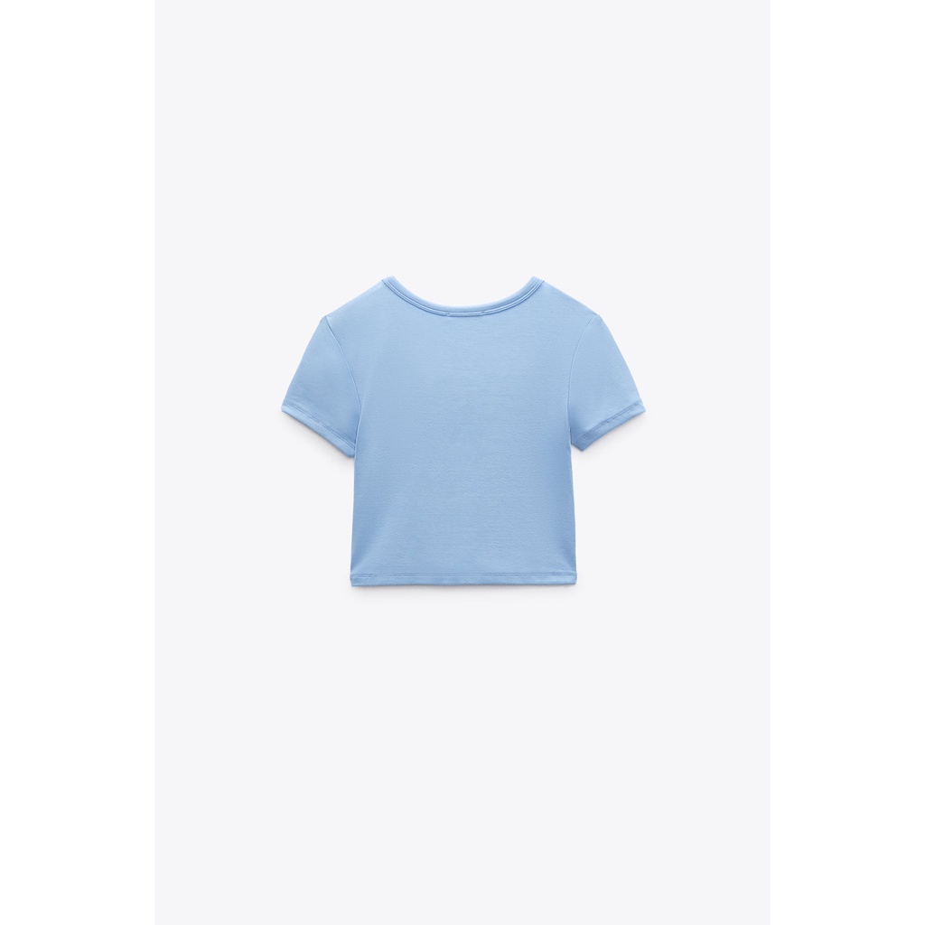 ZARA Đức - Áo croptop body thun cotton ngắn tay cổ tròn xanh dương sale auth new tag cao cấp chính hãng có sẵn 5584/375