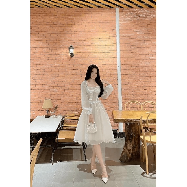 Đầm Nữ Dáng Xòe Voan Tơ Phối Nơ Đính Ngọc Mặc Đẹp Dáng Xinh NEW UNISEX