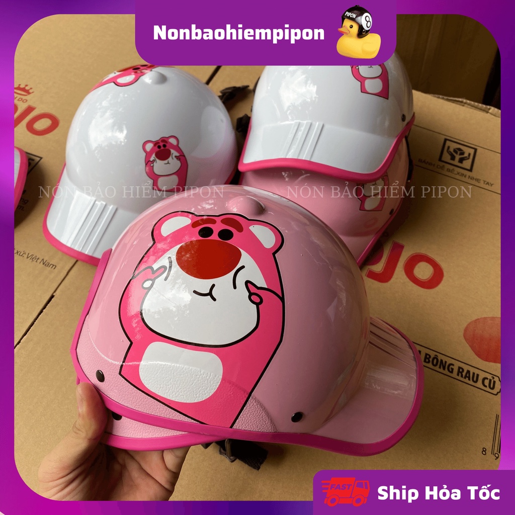 Mũ bảo hiểm lưỡi trai gấu dâu cao cấp , Nón gấu dâu đáng yêu có khoét lỗ cột tóc