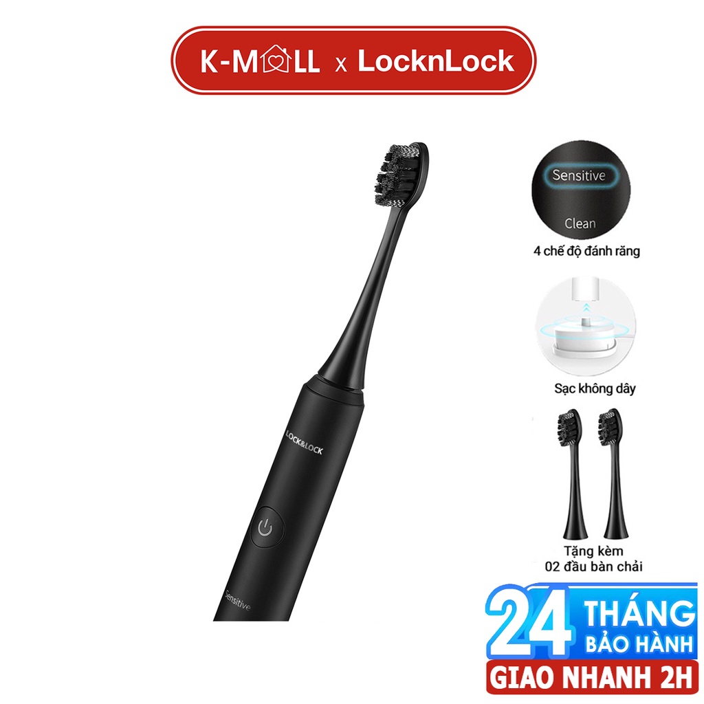 Bàn chải điện LocknLock sạc không dây chống nước, đèn led thông minh tặng 2 đầu chải ENR346 màu đen - K-MALL