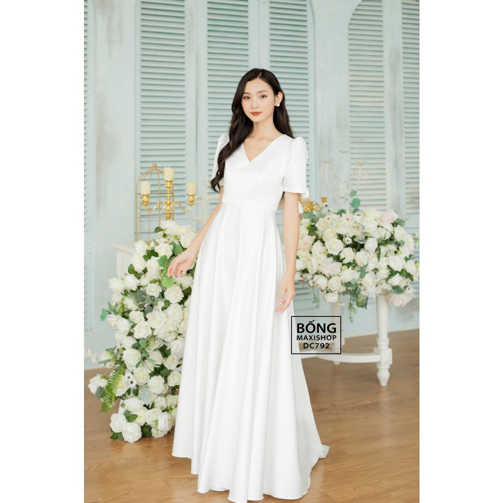 Váy cưới phi nhật trắng cổ V tay ngắn kèm nơ DC792