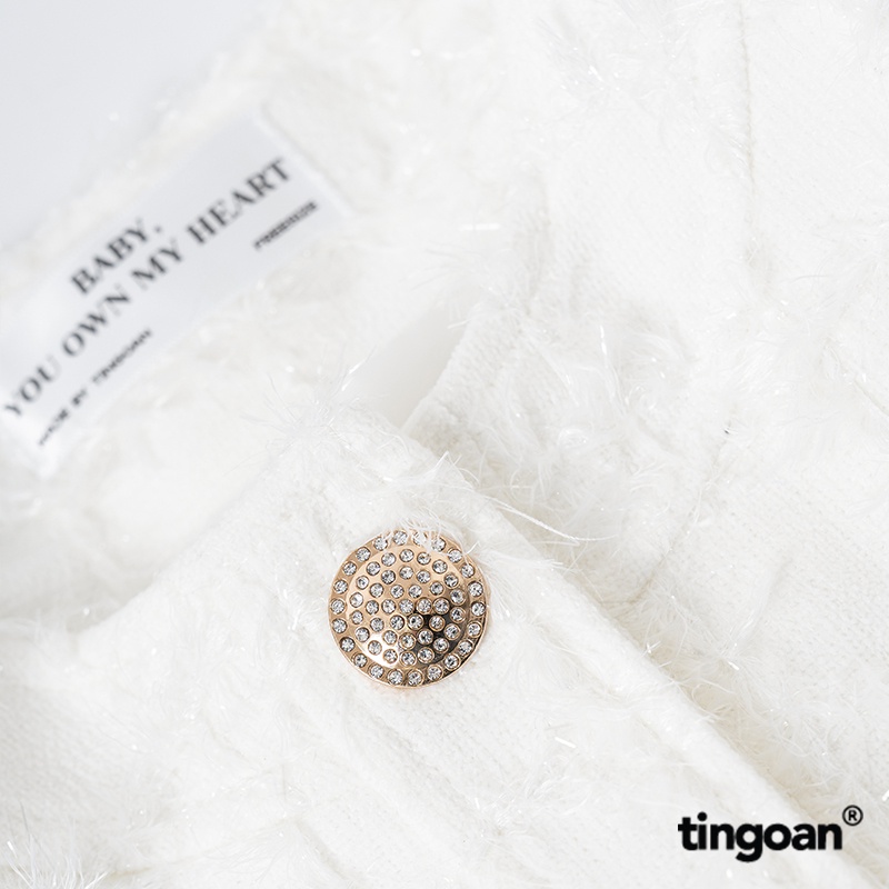 TINGOAN® - Áo khoác tweed kẻ ô lông trắng cổ tròn đính cúc đá lấp lánh SPARKLE BABY TWEED JACKET/WH