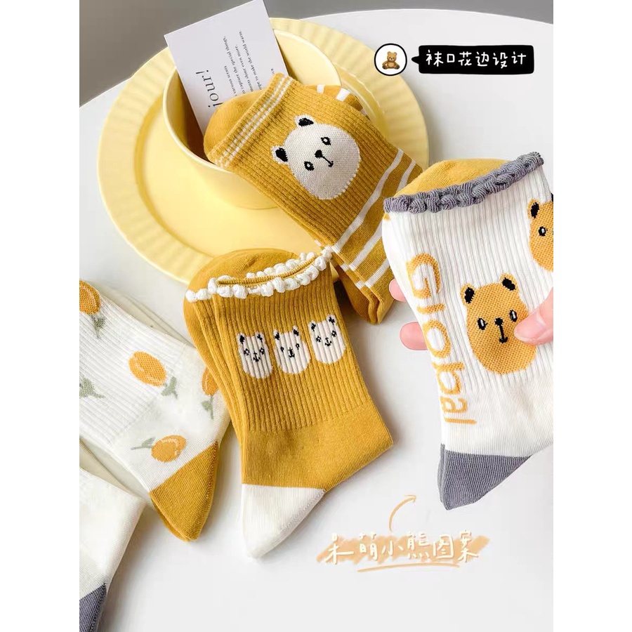 Tất nữ cao cổ, họa tiết gấu global, phong cách hàn quốc, trẻ trung, chất liệu cotton, thấm mồ hôi