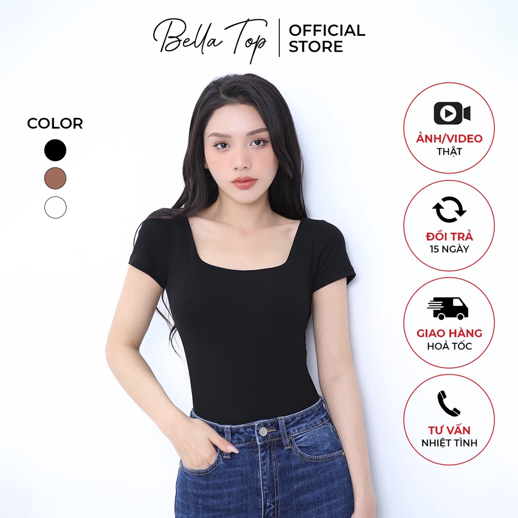 Áo thun nữ, Áo kiểu cổ vuông trơn tay ngắn chất vải gân tăm co giãn - Bella Top MS16