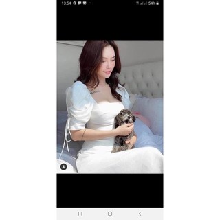 đầm midi trắng cổ vuông tay rút, chất đũi lót