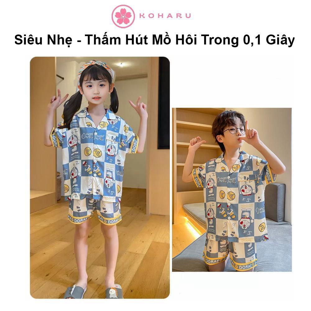 Áo cộc quần đùi ngắn 9-47kg Cotton Đũi Nhật pijama Doremon xanh CC02 trẻ em đồ ngủ| bộ đi chơi bé trai gái