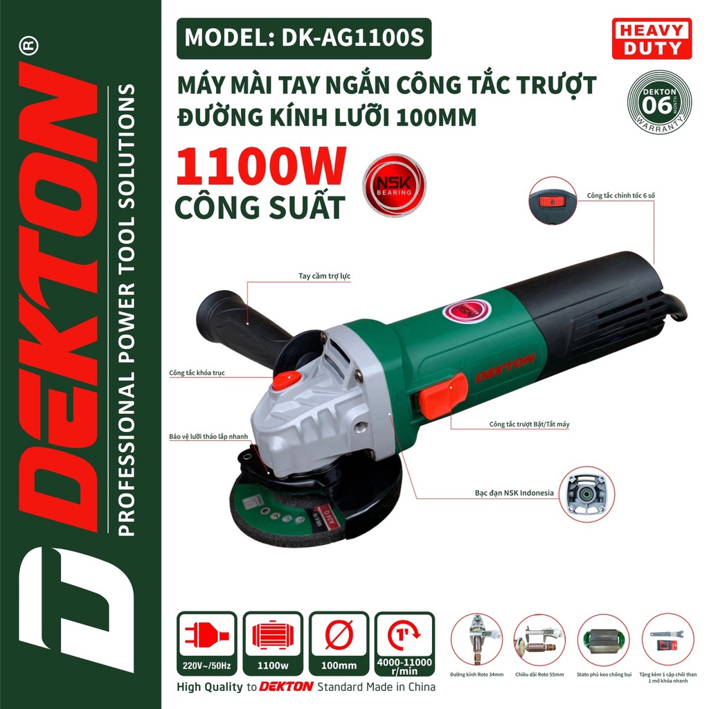 Máy mài góc cầm tay chỉnh tốc độ 1100W DEKTON DK-AG1100S