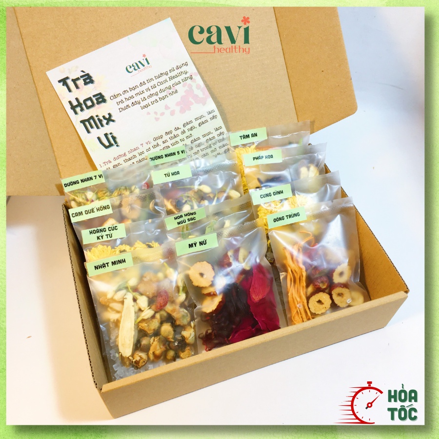 Set Trà Hoa Mix 12 Vị Kèm Chai Thủy Tinh Cavi Healthy Thanh Nhiệt, Đẹp Da, Giảm Stress