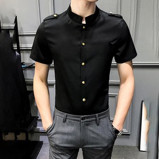 Áo sơ mi nam Áo sơ mi cộc tay cổ Tàu phối cúc kim loại và đai vai form Slim Filt chất vải thấm hút mồ hôi N21